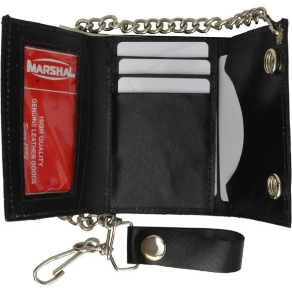 BLACK GENUINE LEATHER Trifold Biker's Wallet ID Card Holder w/Chain Skull - Picture 1 of 7